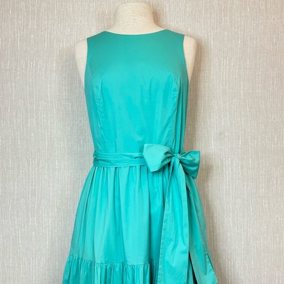 TAHARI Turquoise Tiered Pleated Stretch Cotton Poplin Tie Back Belt Maxi Dress - Picture 2 of 11